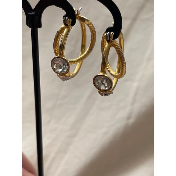 Vintage Double Hoop Vintage Look Gold / Silver Tone Rhinestone Pierced Earrings - Picture 4 of 12